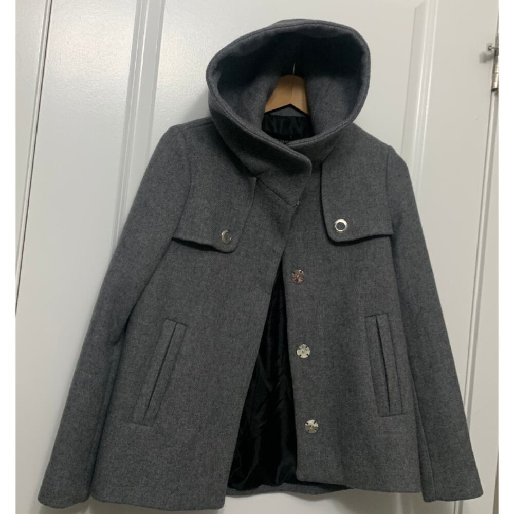 ZARA Gray Wool Blend Hooded A Line Jacket Snap Closure Size US XS